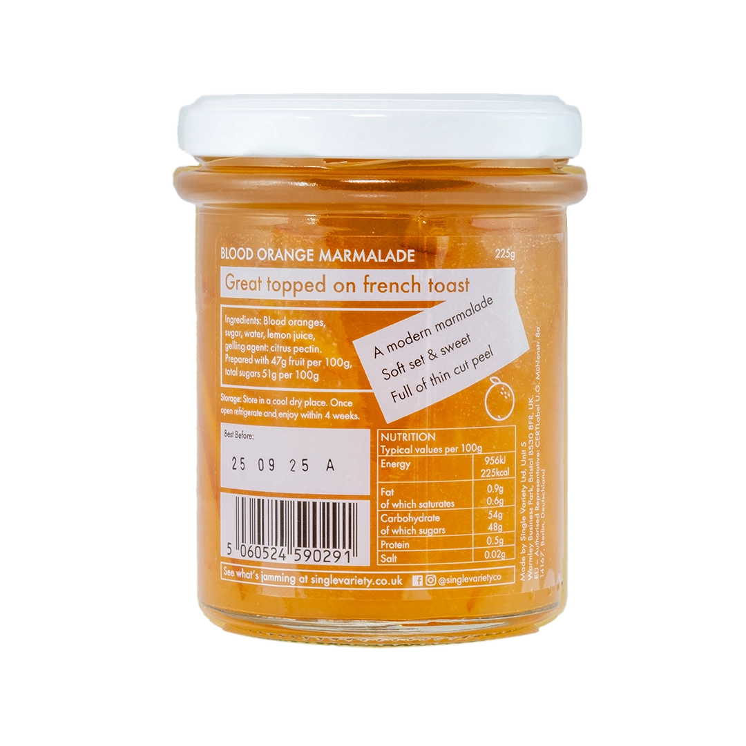 Ingredients label on a jar of blood orange marmalade 