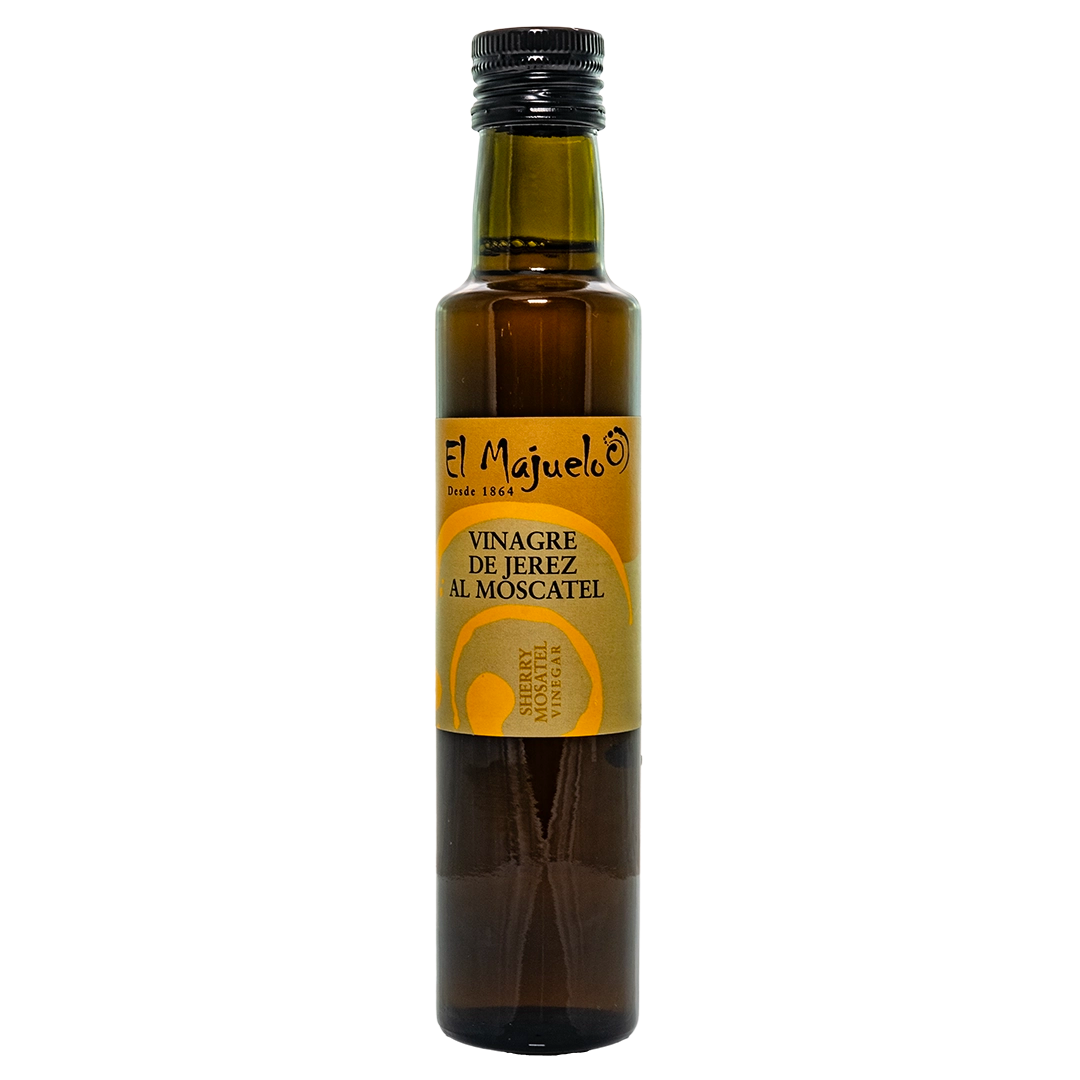 a tall glass bottle with a yellow label with the black El Majuelo logo 
