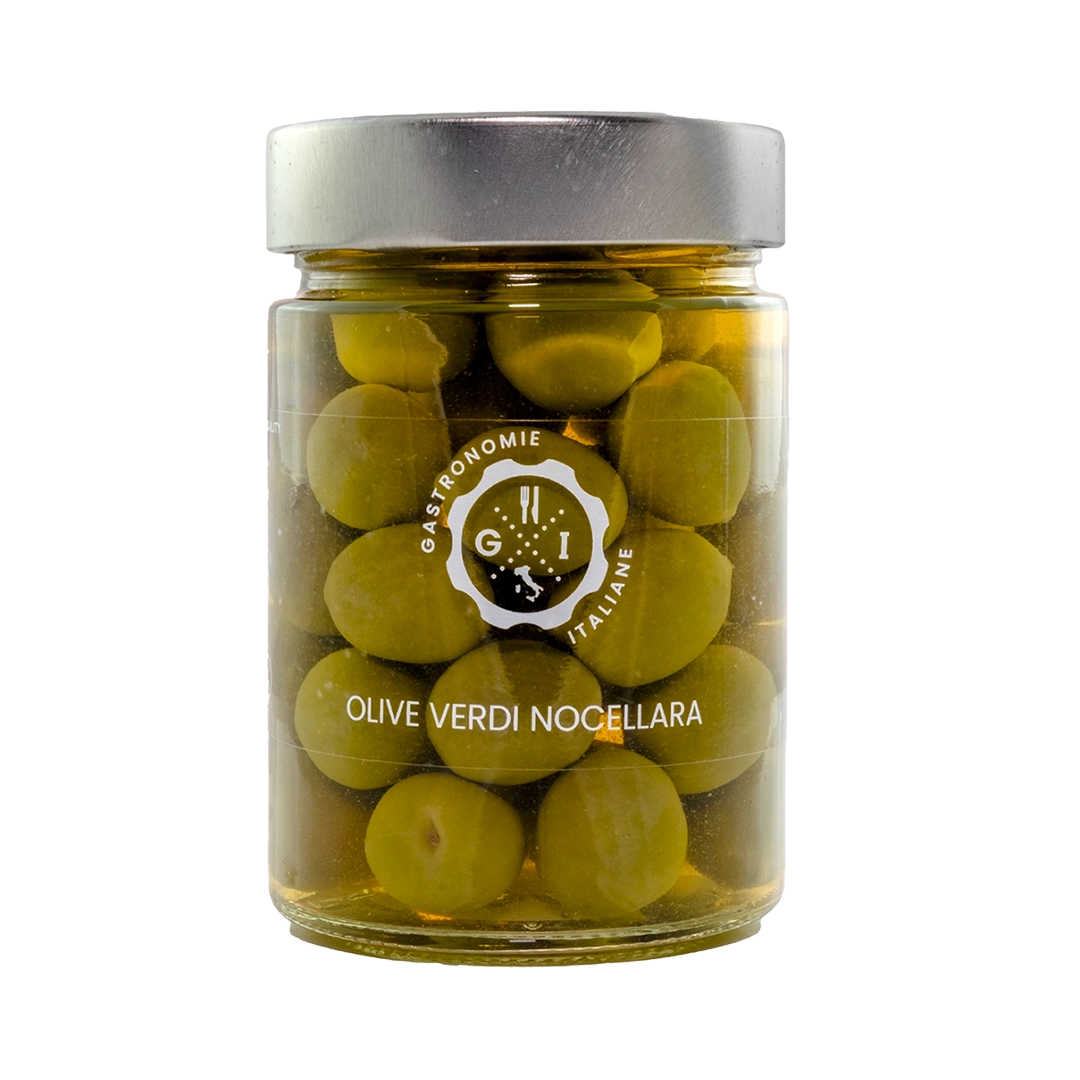 A clear jar of olives with Gastronomie italiane logo on 
