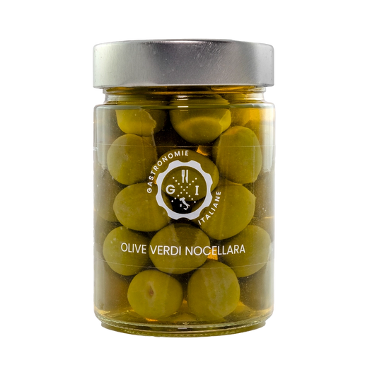 A clear jar of olives with Gastronomie italiane logo on 