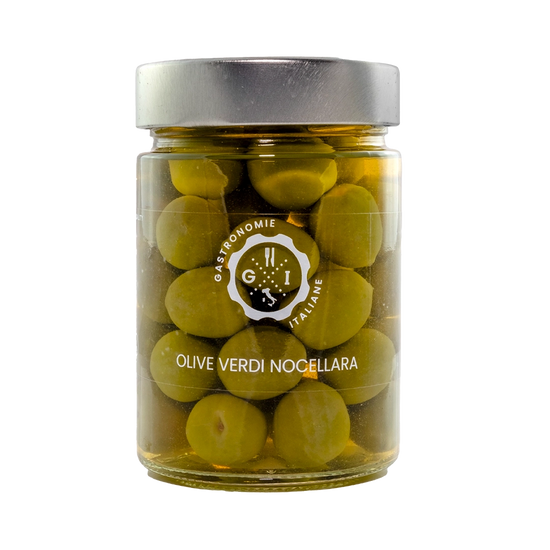 A clear jar of olives with Gastronomie italiane logo on 