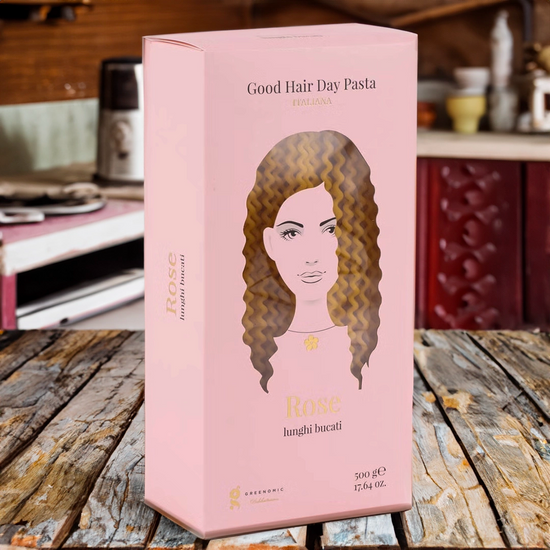 Good Hair Day rose lunghi bucati pasta in kitchen