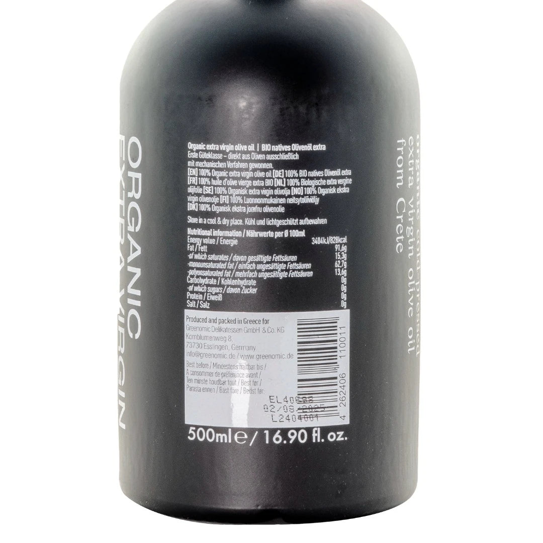 Ingredients label for Greenomic Extra Virgin Oilive Oil on a black bottle