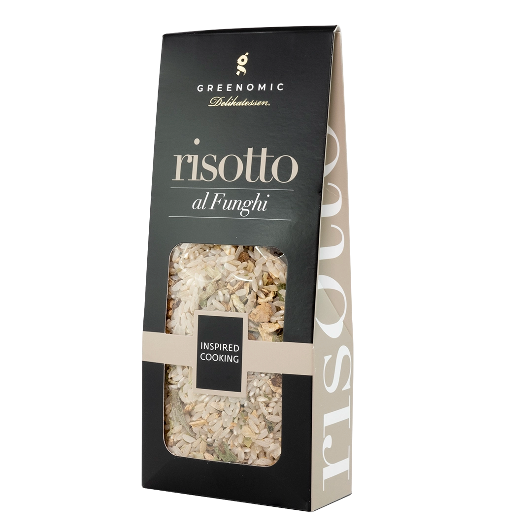 image shows a black packet with the Greenomic logo with a clear window showing the risotto rice