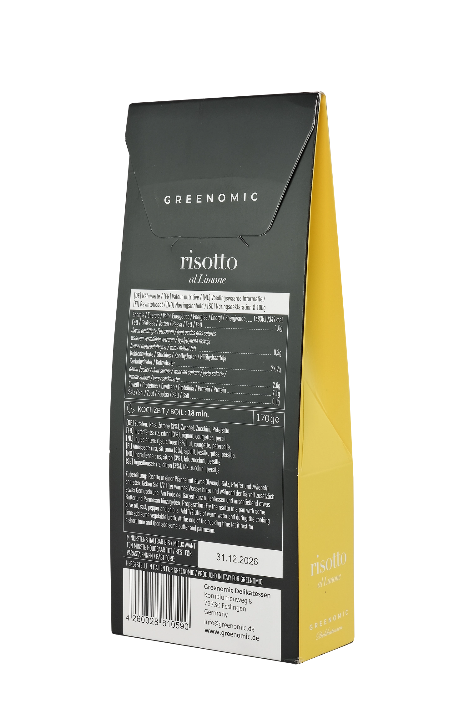 image shows the back of the packet of the Greenomic Risotto al Limone showing the ingredients and cooking instructions