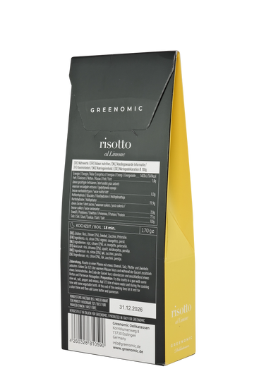 image shows the back of the packet of the Greenomic Risotto al Limone showing the ingredients and cooking instructions