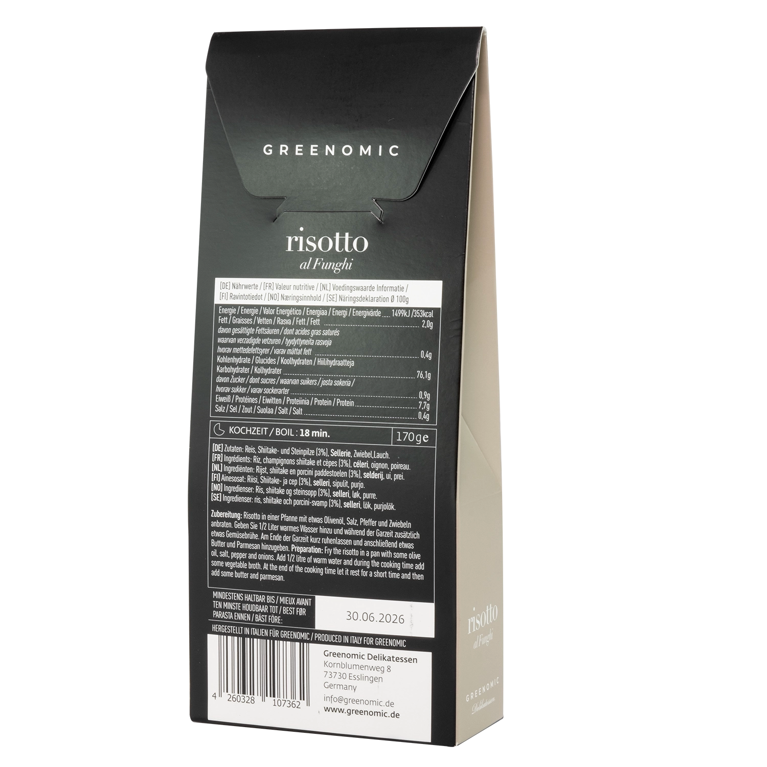 image shows the back of the packet of the Greenomic Risotto al Funghi showing the ingredients and cooking instructions