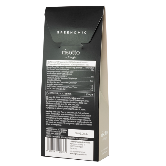 image shows the back of the packet of the Greenomic Risotto al Funghi showing the ingredients and cooking instructions
