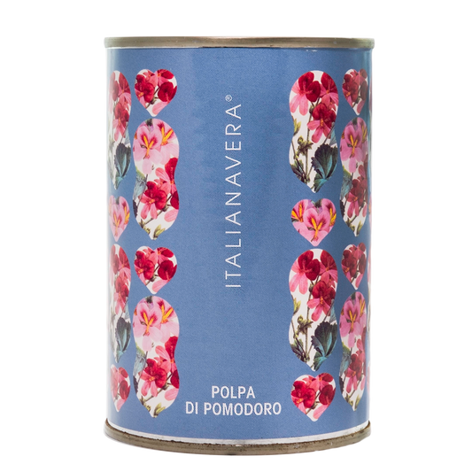 Itailanavera logo on a blue tin with pink botanical flowers. 
