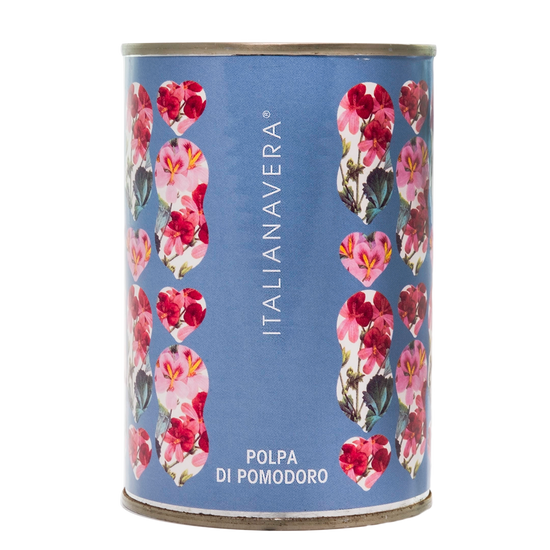 Itailanavera logo on a blue tin with pink botanical flowers. 