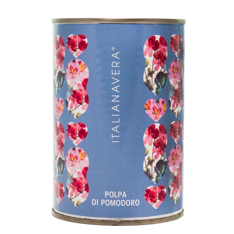 Itailanavera logo on a blue tin with pink botanical flowers. 