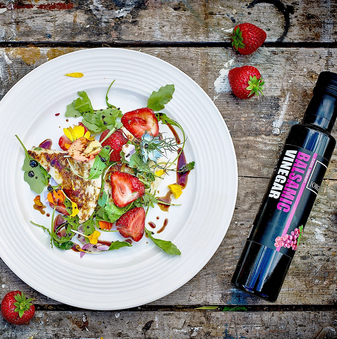 Jorge artisan balsamic vinegar drizzled over  strawberries