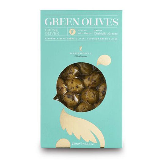 Blue box of seasoned green olives