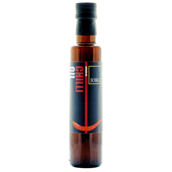 Jorge's chilli oil - a glass bottle with the Jorge's branding with the words Chili Oil on the label