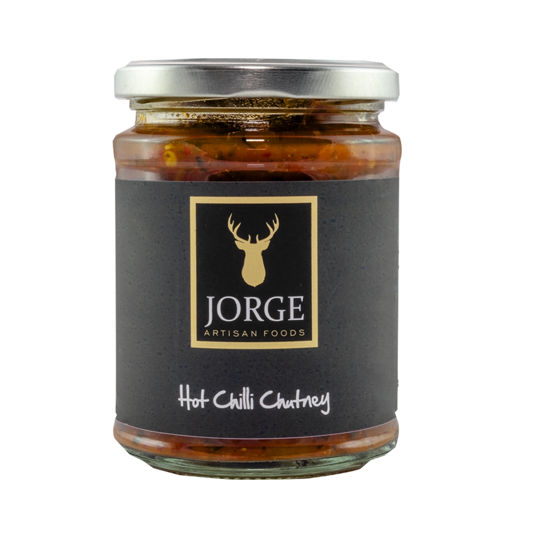 A jar of Jorge Artisan Foods Hot Chilli Chutney with a black label.
