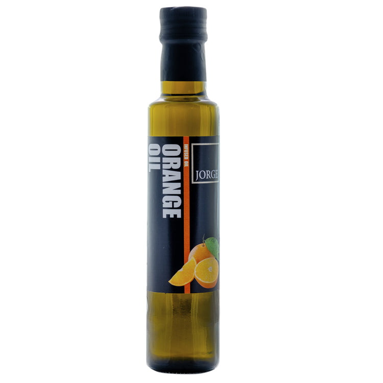 A glass bottle with a black Jorge's orange-infused Olive oil  label 