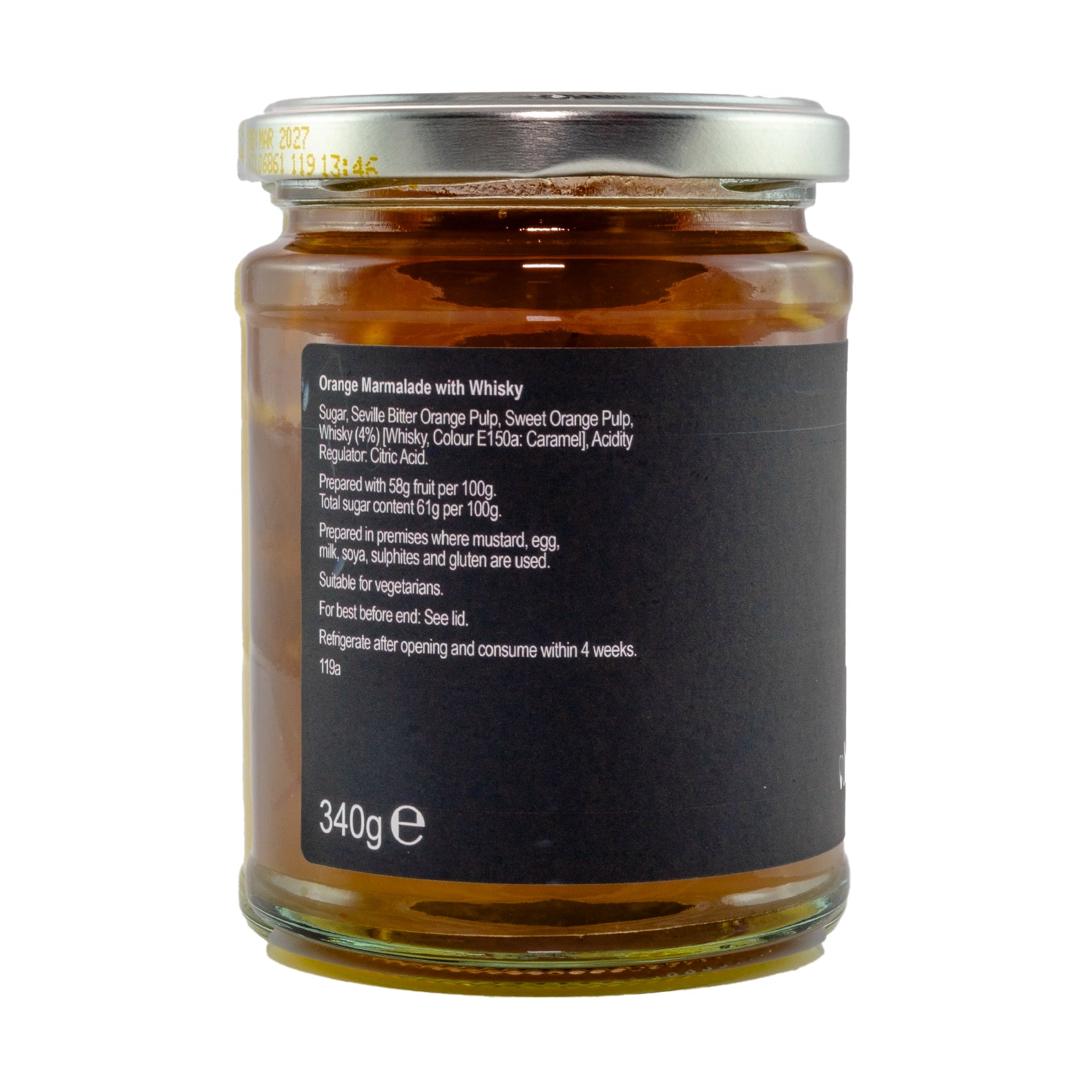 Ingredients label on a jar with black label