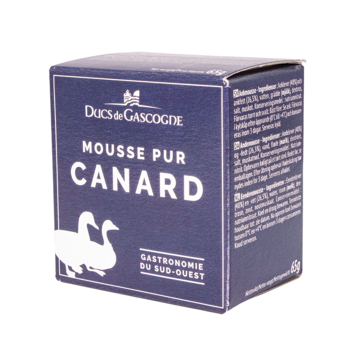 A blue cardboard box featuring two ducks. The label reads "Ducs de Gascogne Mousse Pur Canard Gastronomie du Sud-Ouest" in French, which translates to "Dukes of Gascony: Pure Duck Mousse Gastronomy of the Southwest." 