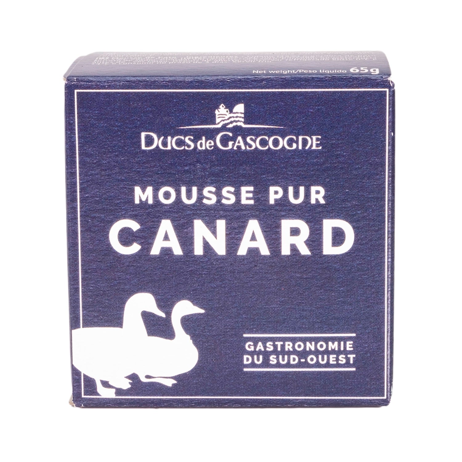 A blue cardboard box featuring two ducks. The label reads "Ducs de Gascogne Mousse Pur Canard Gastronomie du Sud-Ouest" in French, which translates to "Dukes of Gascony: Pure Duck Mousse Gastronomy of the Southwest." 