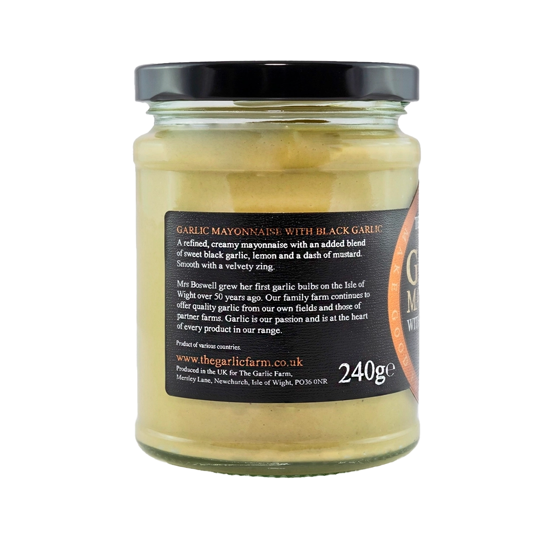 The Garlic Farm - Garlic Mayonnaise with black garlic and lemon with an ingredients list 