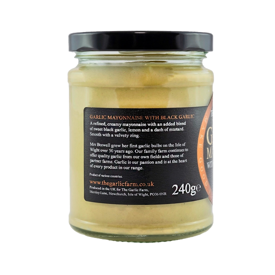 The Garlic Farm - Garlic Mayonnaise with black garlic and lemon with an ingredients list 